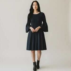 M. Patmos Stella Dress Women's Sz S Navy Cotton Smocked Bell Sleeve Boho Chic